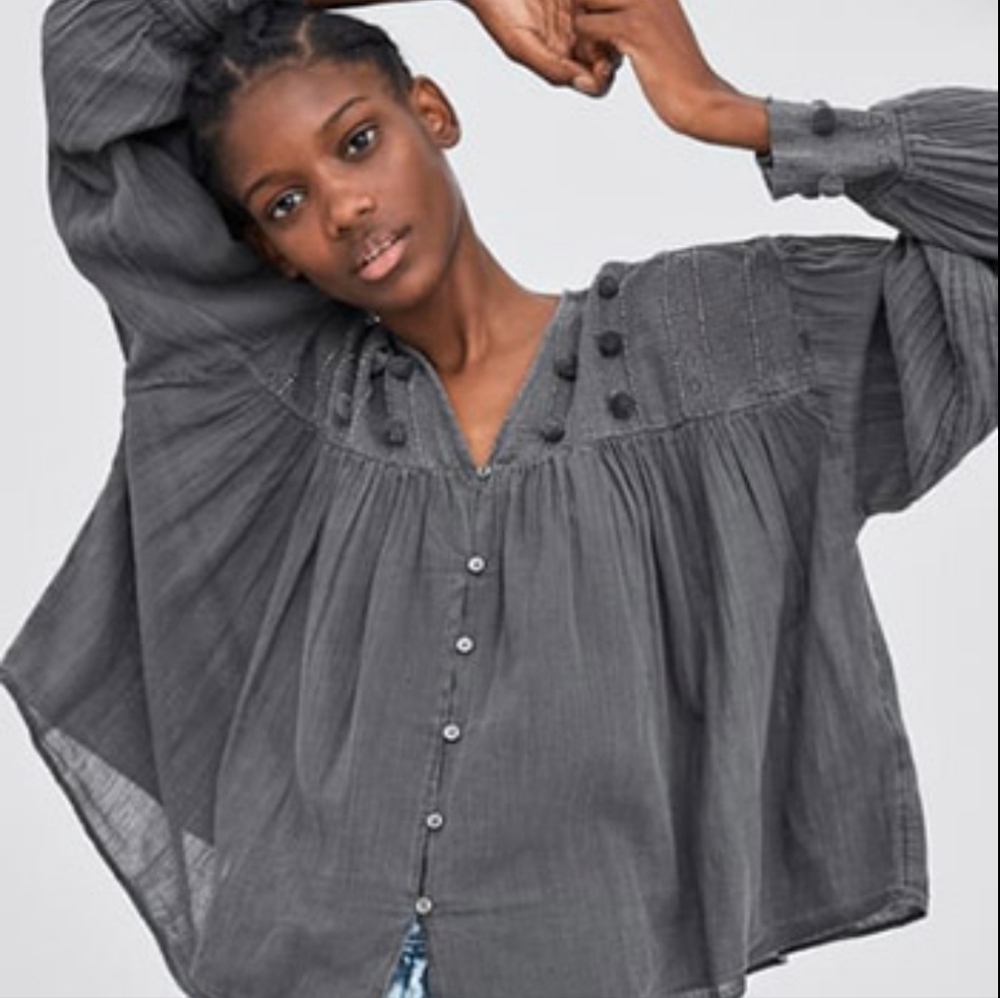 Zara Peasant Lightweight Button Down Relaxed Gauzy Bohemian Shirt Pom Pom Detail